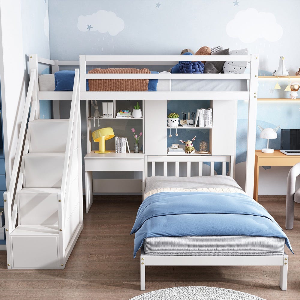 Lit enfant avec escalier de rangement 90*200cm, lit superposé avec grand  bureau et étagères, sans matelas