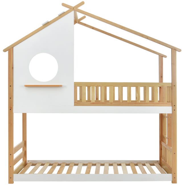 Lit cabane Lit superposé Lit avec marche d'angle Lit avec barre anti-chute  Lit enfant avec fenêtre Cadre en pin blanc 200x90 cm