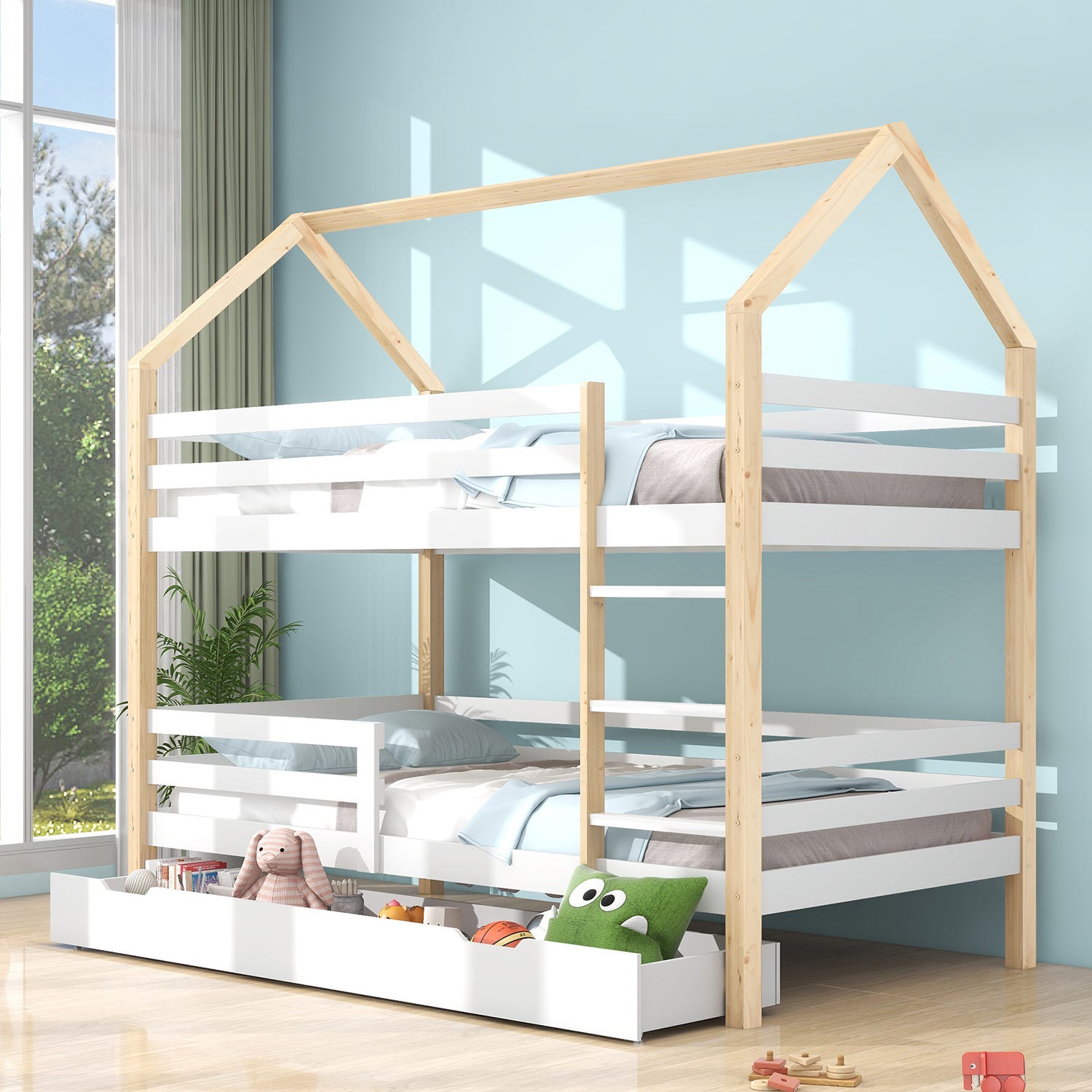 Lit cabane Lit double lit d'enfant en forme de maison grand tiroir