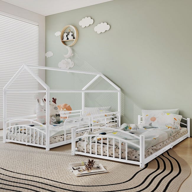 Lit cabane Lit superposé avec escalier avec échelle à angle droit, lit d' enfant avec protection contre les chutes et barrière, blanc 90x200 cm