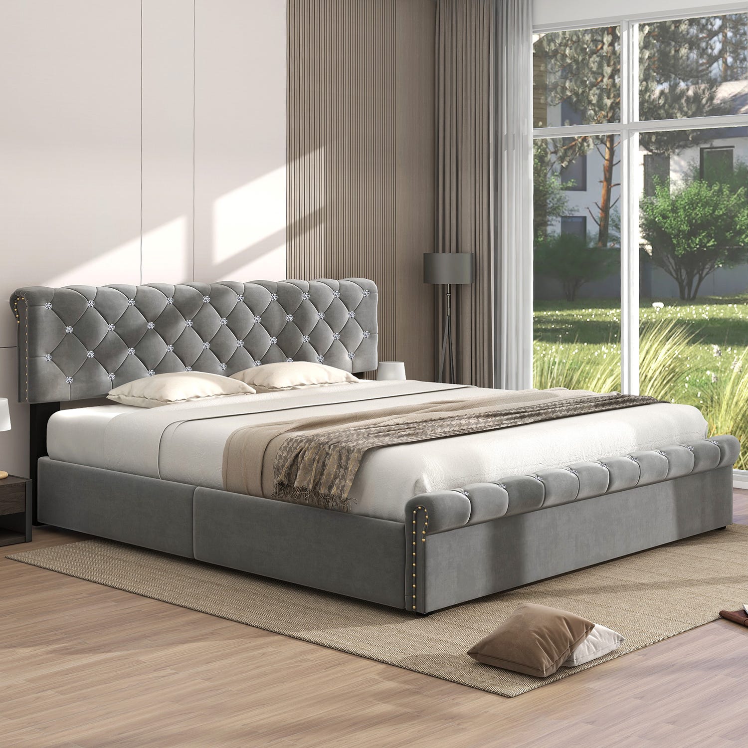Lit coffre pour adolescents, rembourré avec tête de lit réglable en  hauteur, Velours gris 180x200 avec sommier à lattes et tête de lit.