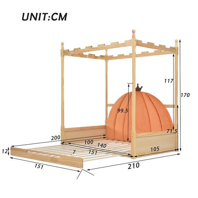 Lit cabane Lit de pavillon voûté extensible, 140x100 cm 140x200 cm