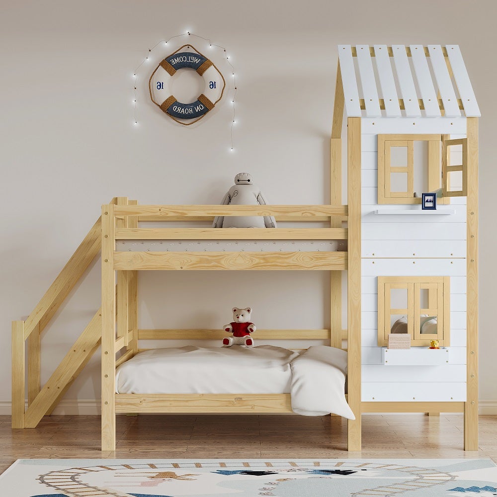 Lit superposé lit de maison, lit d'enfant avec protection contre les chutes  et barrière, cadre en bois, blanc+naturel 90x200 cm