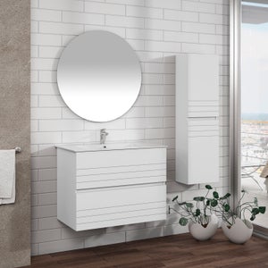 Mueble de Baño con patas con Lavabo Cerámico y espejo, 90 cm, 2 cajones  con Cierre Amortiguado y Organizador, blanco mate