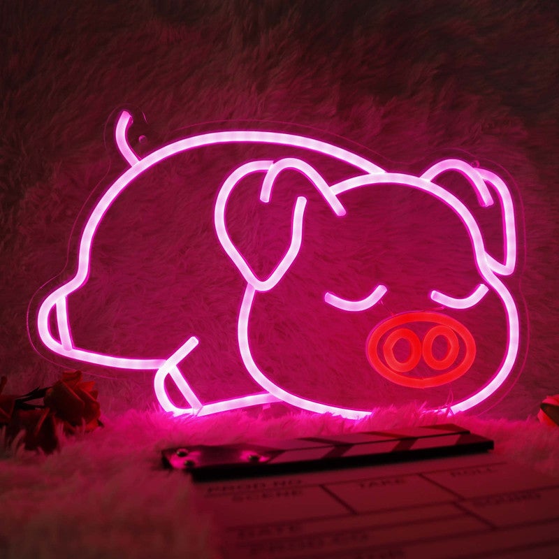 Cochon Endormi Néon LED, Néon rose pour décoration murale, alimenté par USB  pour décoration chambre salle de dortoir, cadeau fête de noël (9.8*15.7in)