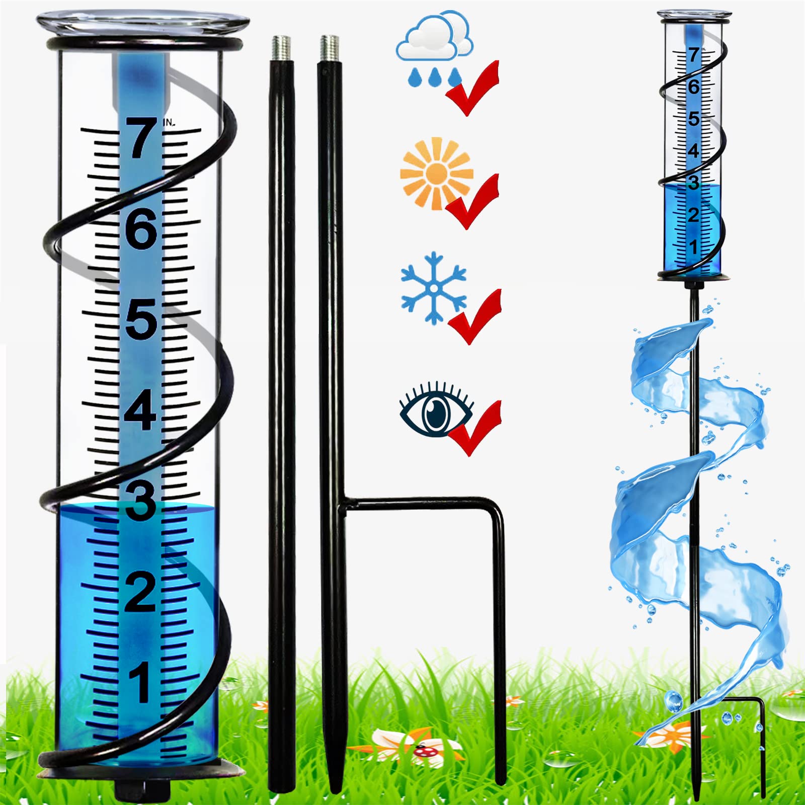 2 ensembles de pluviomètre extérieur résistant au gel avec piquet,  pluviomètre, hauteur réglable – outil de mesure de pluie pratique pour le  jardin