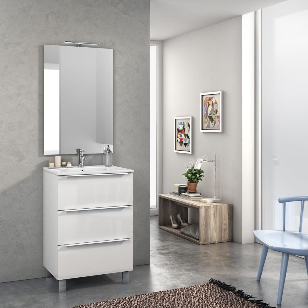 Meuble de salle de bain simple vasque 3 tiroirs PALMA et miroir Led VELDI  ciment (gris) 60 cm COSYNEO - ING3CPALMA60VELDICIM - COSYNEO -  ING3CPALMA60VELDICIM