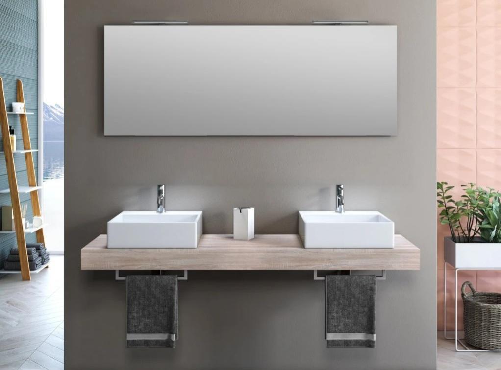 Ensemble meuble de salle de bain bois clair double vasque et miroir