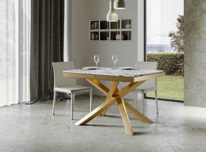 Table à manger Fotka 180cm Bois Effet marbre Blanc et Or