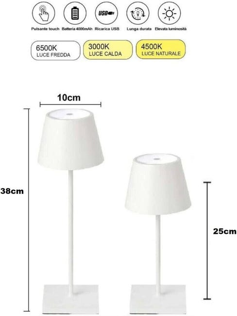 Lampada da Tavolo LED Senza fili Batteria ricaricabile Dimmerabile  Regolabile Da 25cm oppure 38cm da scrivania Comodino 3 Luci Diversa  Intensità Bianc