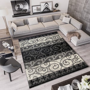 TAPISO Qmega Tappeto Salotto Soggiorno Moderno Grigio Scuro Crema a Fiori Pelo  Corto 140 x 200 cm