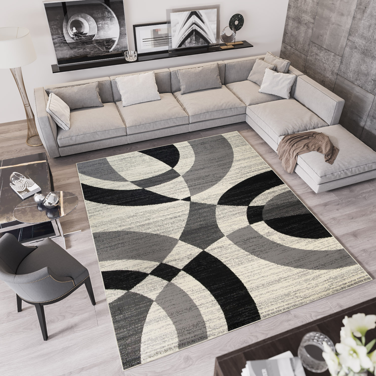 Tapiso qmega alfombra de salón gris crema negro geométrico círculos fina 300 x 400 cm