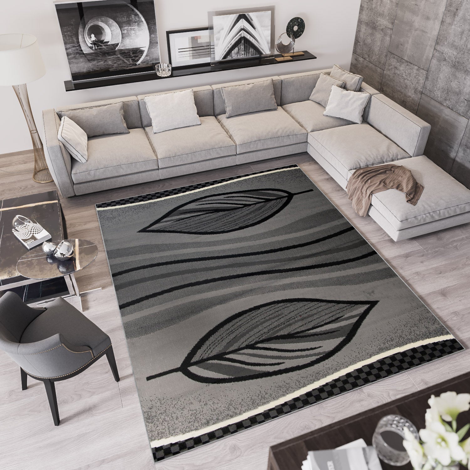 Tapiso qmega alfombra de salón gris negro abstracto hojas moteada fina 250 x 300 cm