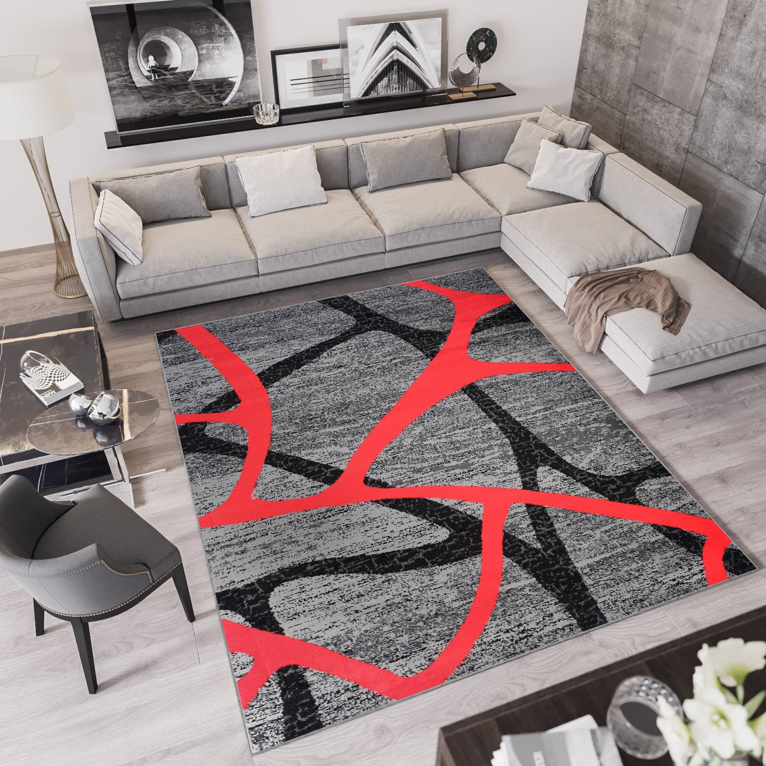 Tapiso qmega alfombra de salón gris rojo negro abstracto rama moteada fina 200 x 300 cm