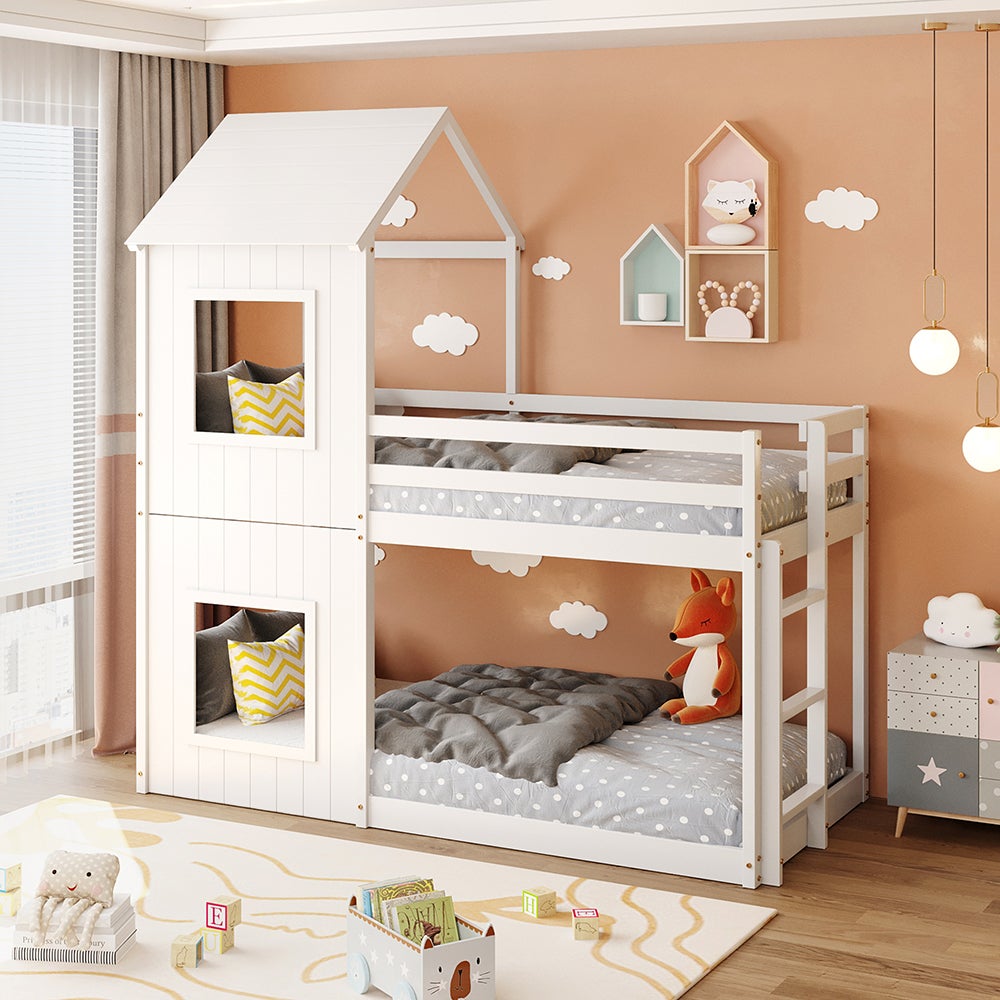 Lit cabane 90x200 cm Lit superposé lit d'enfant lit de maison pour filles  et garçons avec échelle & baldaquin blanc
