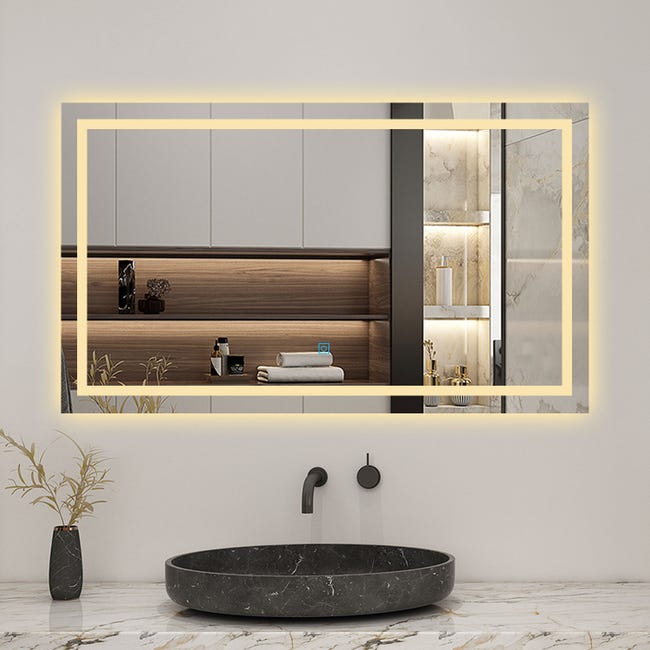 AICA LED miroir lumineux 3 couleurs tactile + anti-buée + dimmable +  mémoire 100x60cm miroir salle de bain