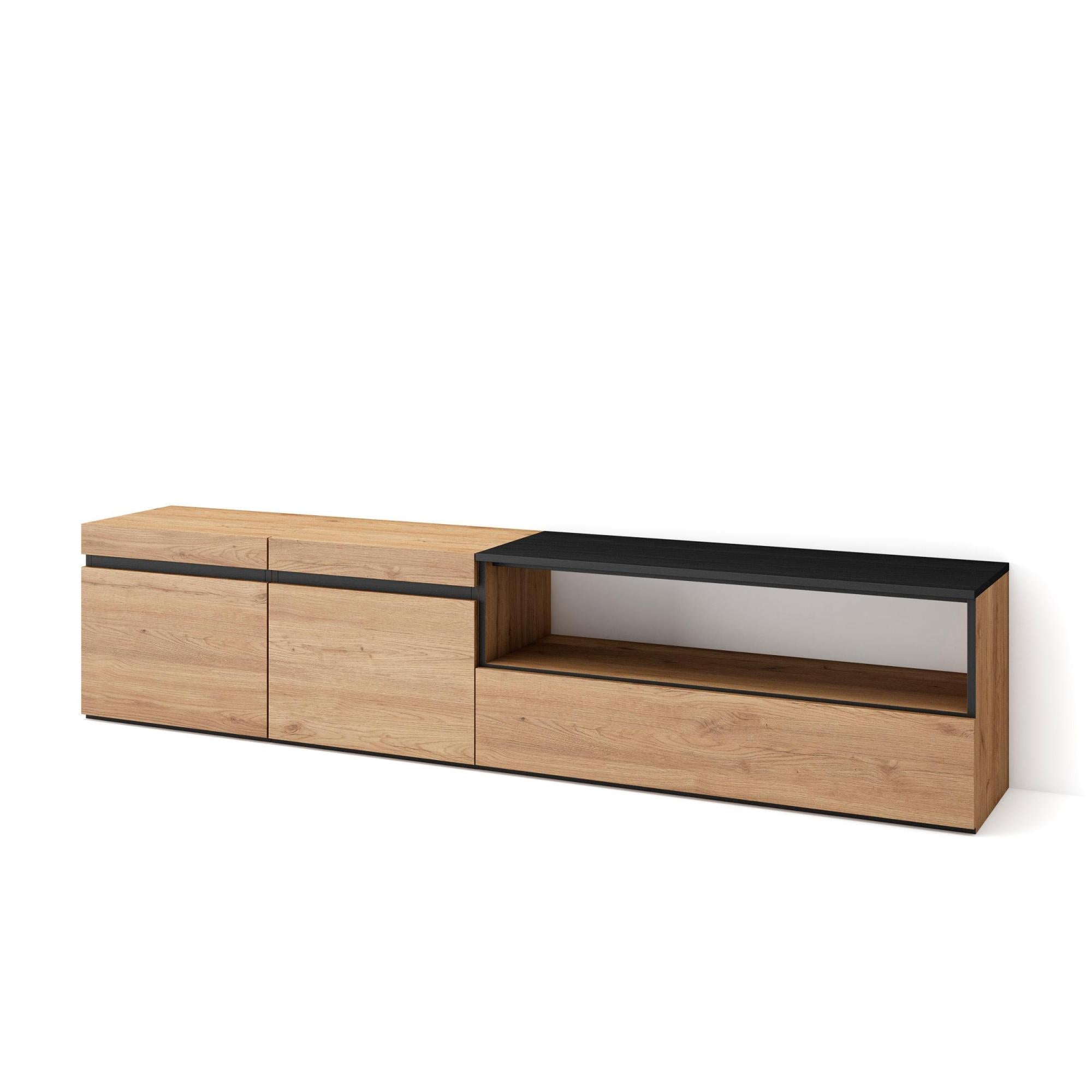 Skraut Home Mobile TV Sospeso – 200x45x35 Cm, Rovere E Nero, Per TV Fino A 80 Pollici, Montaggio A Parete