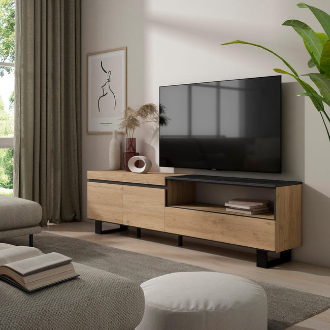 Mueble TV, Televisión, 200x45x35cm, Roble y negro