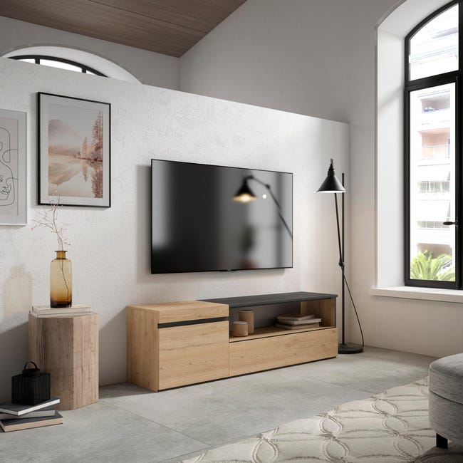 Mueble TV, Televisión, 150x57x35cm, Para TV hasta 65, Chimenea eléctrica,  Diseño industrial, Roble y negro