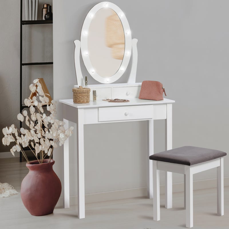 Coiffeuse scandinave blanche et bois avec tiroirs et miroir LED