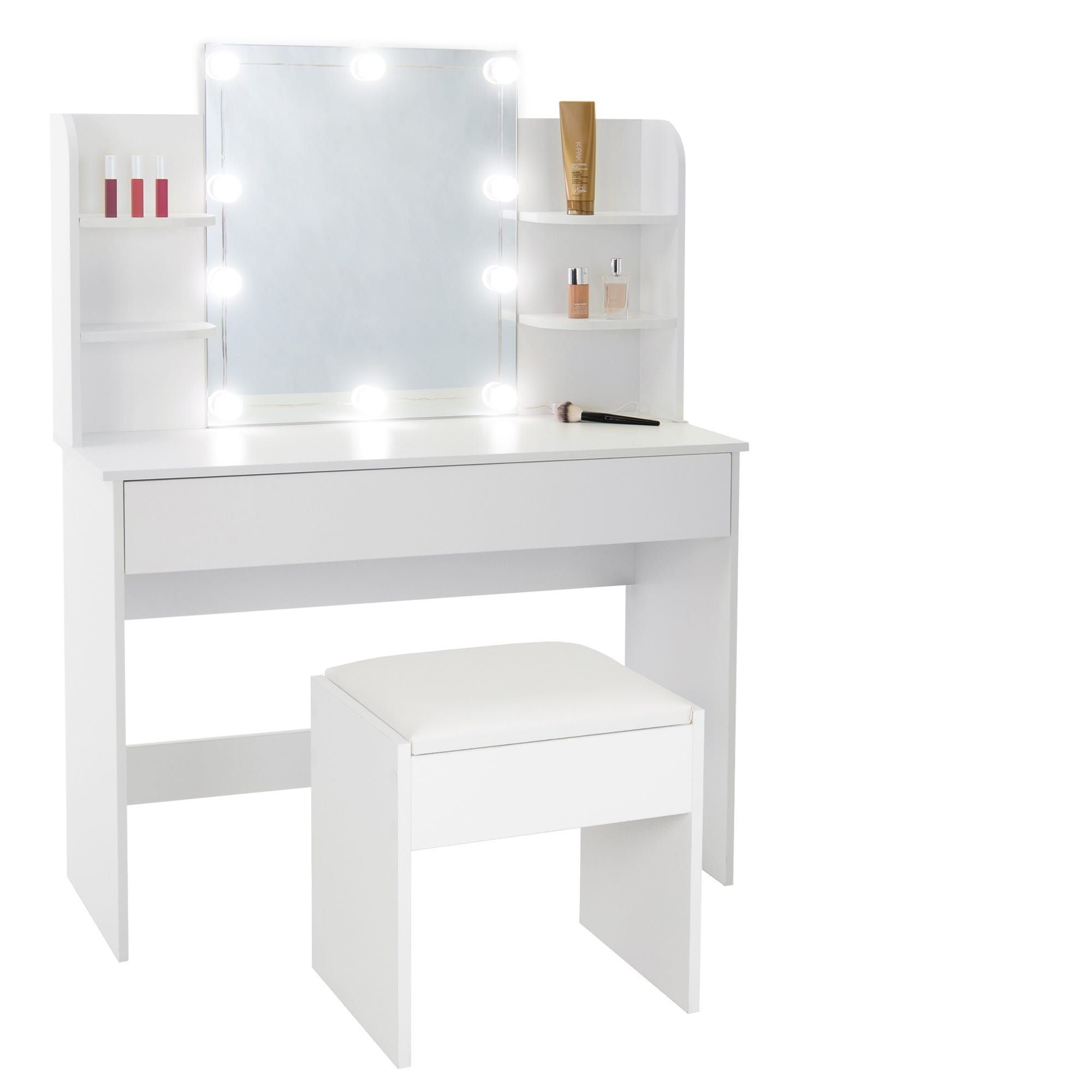 Tocador con Taburete, mesa de maquillaje con espejo e iluminación LED  Blanco