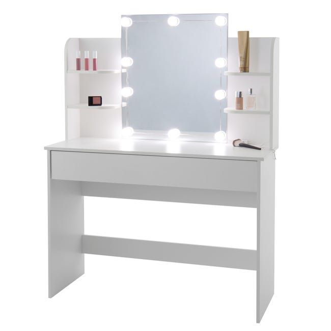Table de maquillage coiffeuse blanc avec éclairage LED miroir et tabouret  en MDF