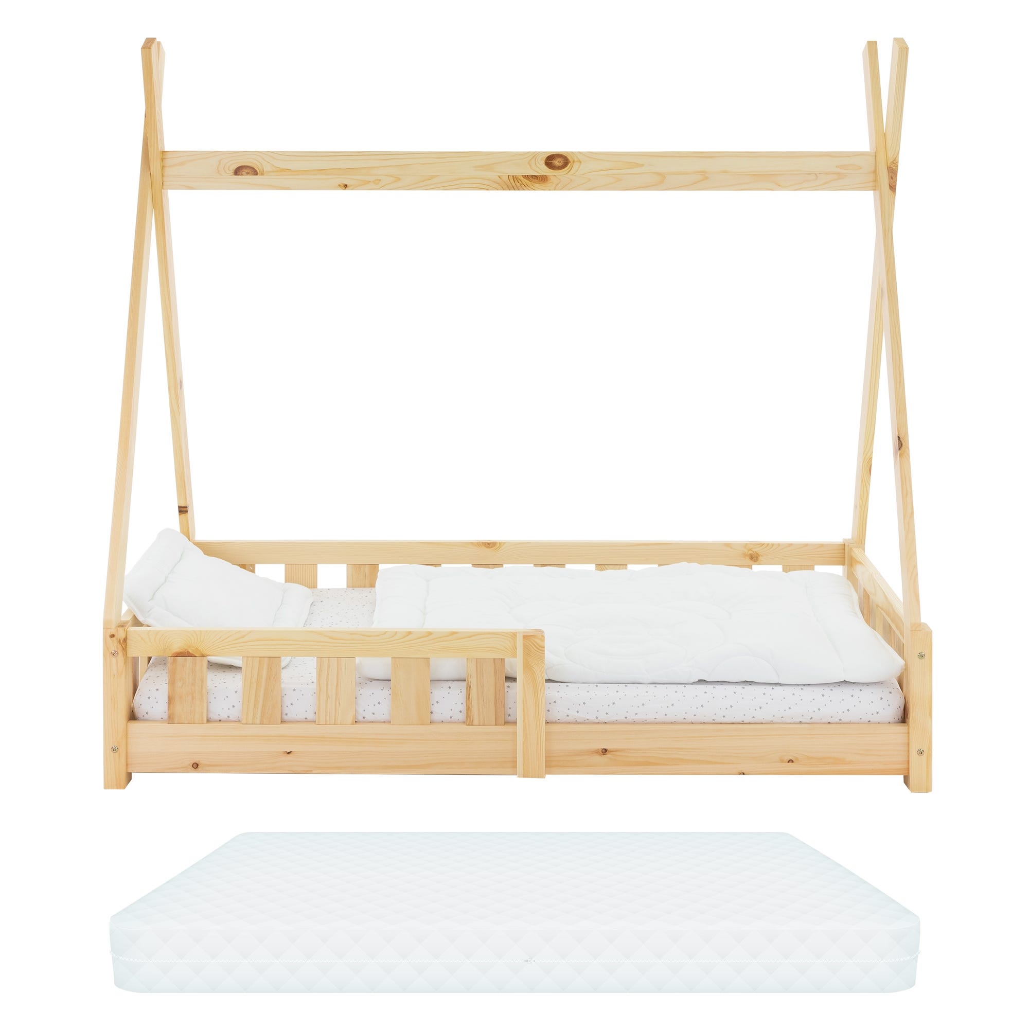 Lettino per bambini teepee legno di pino naturale 70x140 cm con materasso  letto