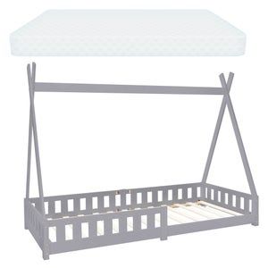 Lettino per bambini tenda indiana legno grigio con sponde 200x90 cm +  materasso