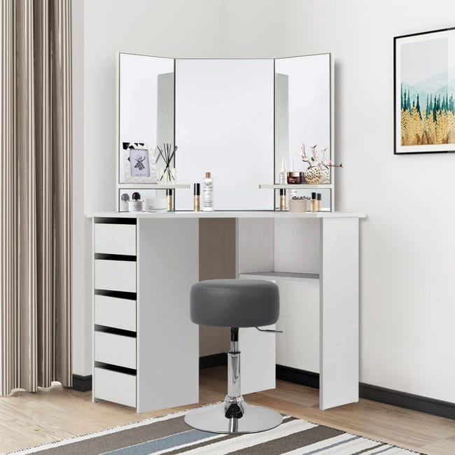Scrivania Trucco Con Specchio Luci LED - 71 Cm, 2 Cassetti, Altezza Regolabile, Bianco - Foto 8