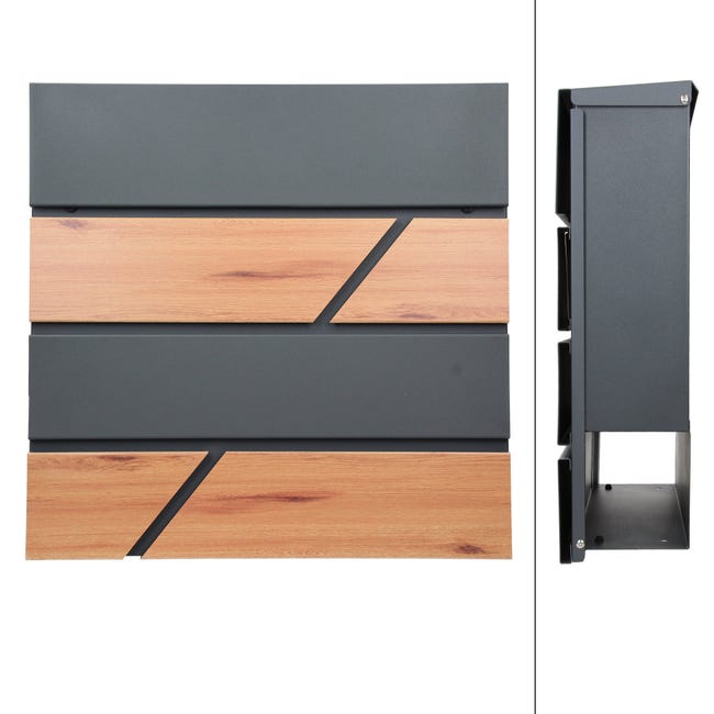 Buzón moderno de correos de pared antracita óptica madera exterior  37x36,5x11 cm