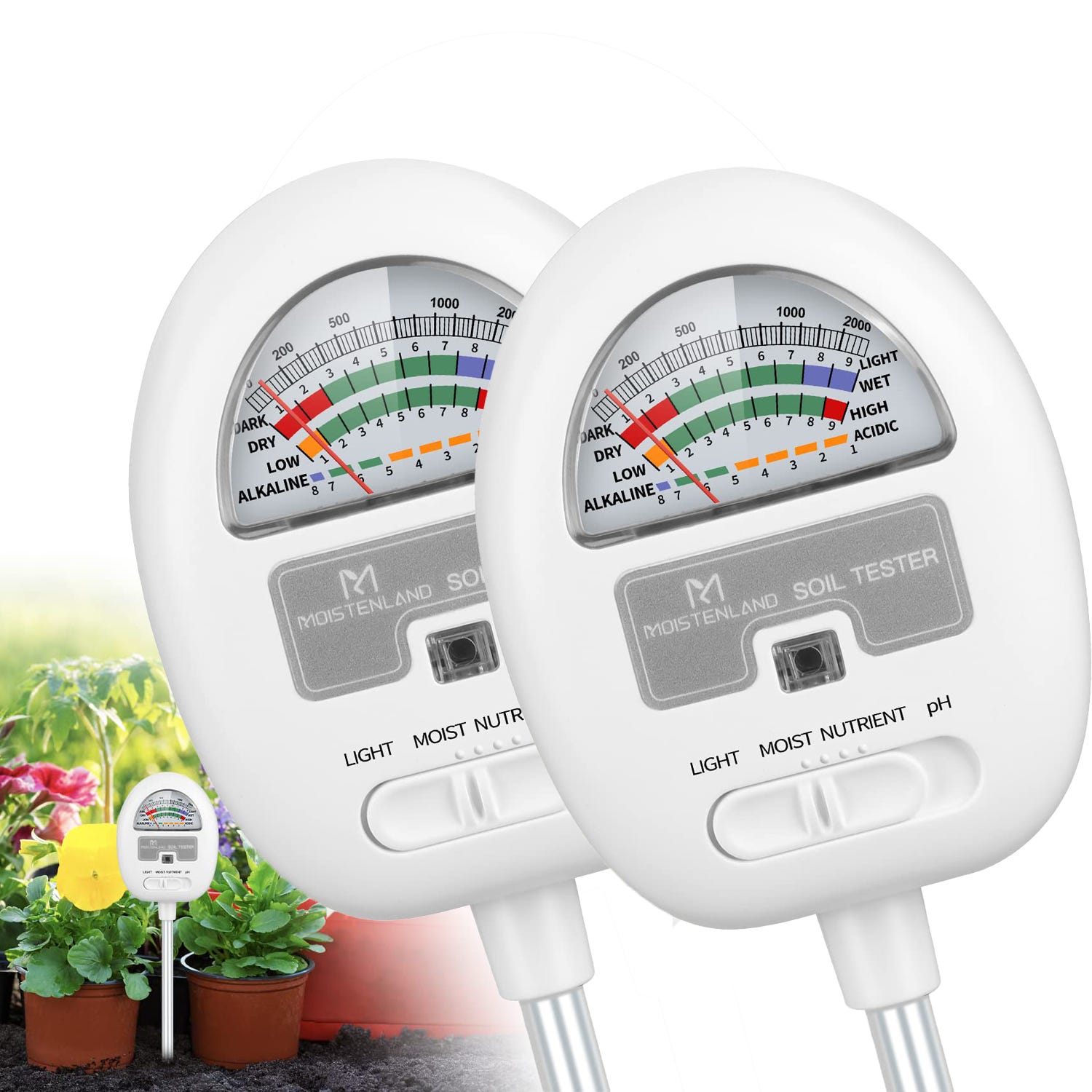 Paquet de 2 humidimètres de sol, testeur de pH du sol 4-en-1, humidité du  sol/lumière/nutriments/pH-mètre pour le jardinage, l'agriculture