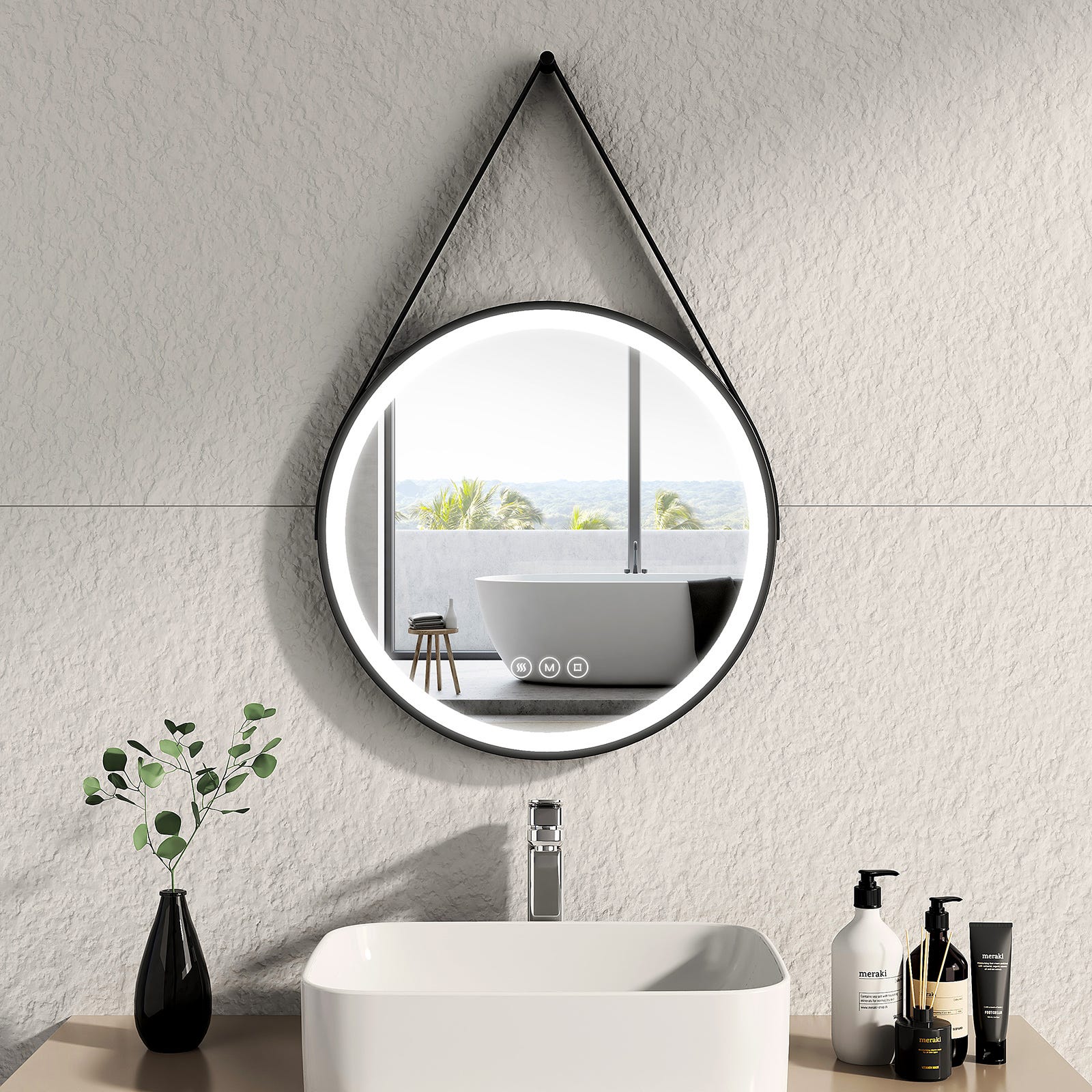 EMKE LED Miroir de salle de bain rond 50cm cadre noir avec bandoulière  réglable Anti buée Lumière Blanche Froide/Chaude/Neutre