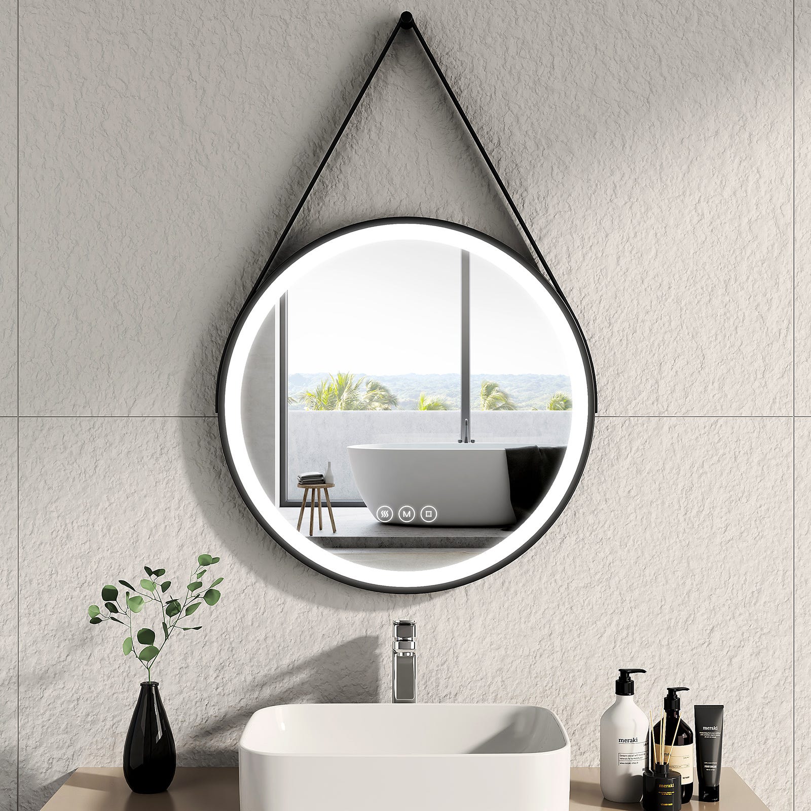 EMKE LED Miroir de salle de bain rond 60cm cadre noir avec bandoulière  réglable Anti buée Lumière Blanche Froide/Chaude/Neutre