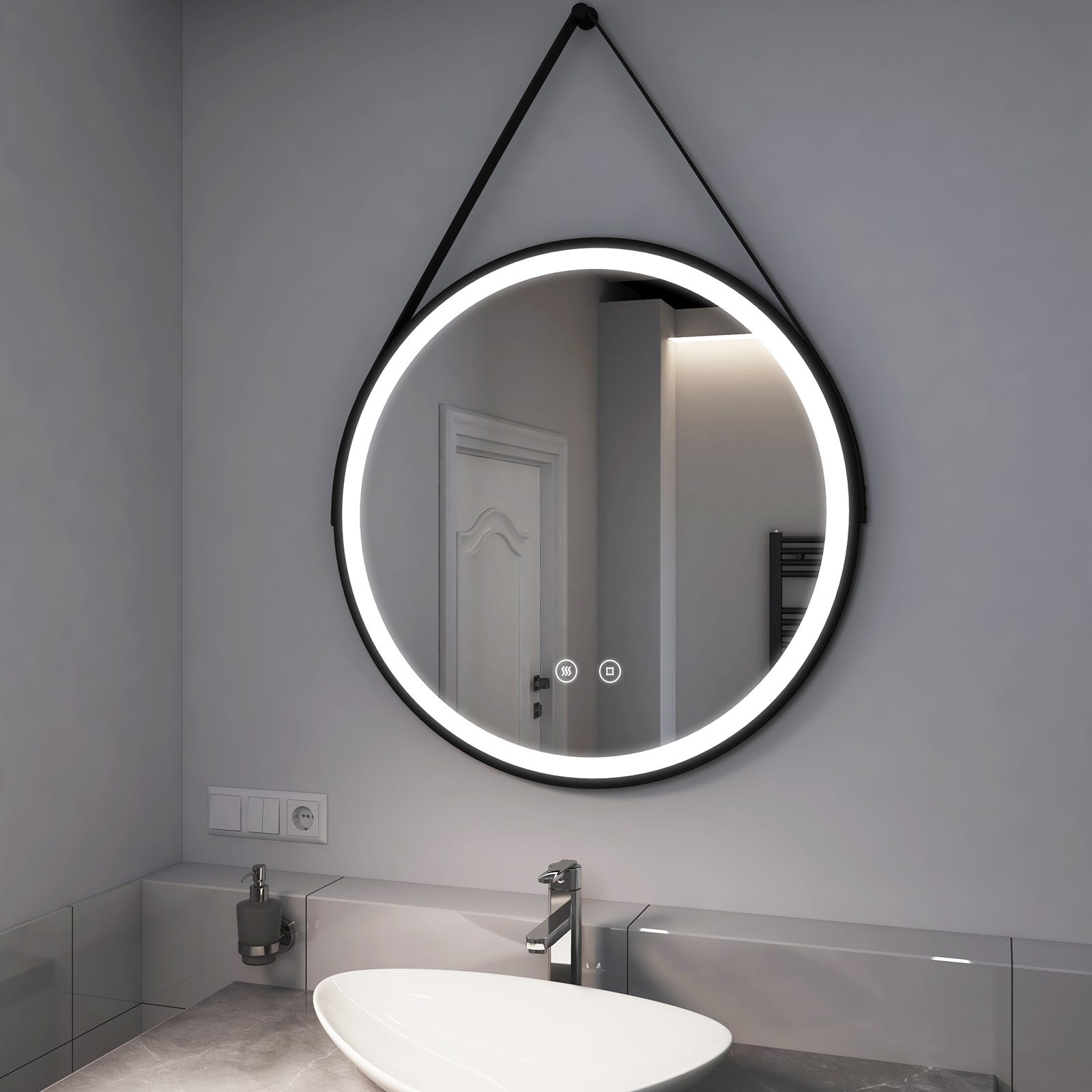 EMKE LED Miroir de salle de bain rond 80cm cadre noir avec bandoulière  réglable Anti buée Lumière Blanche Froide