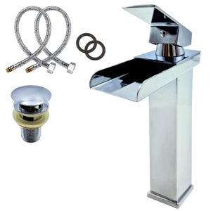 Rubinetto miscelatore lavabo bagno a cascata con piletta acciaio cromato  52952