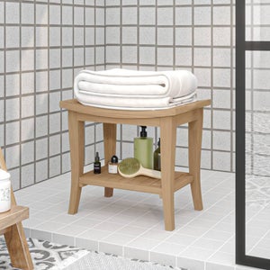 Tabouret Salle de Bain à 2 Niveaux Petit Tabouret de Douche Imperméable  Antidérapant avec Étagère Rangement Chaise Banc Salle de Bain Marron &  Blanc - Costway