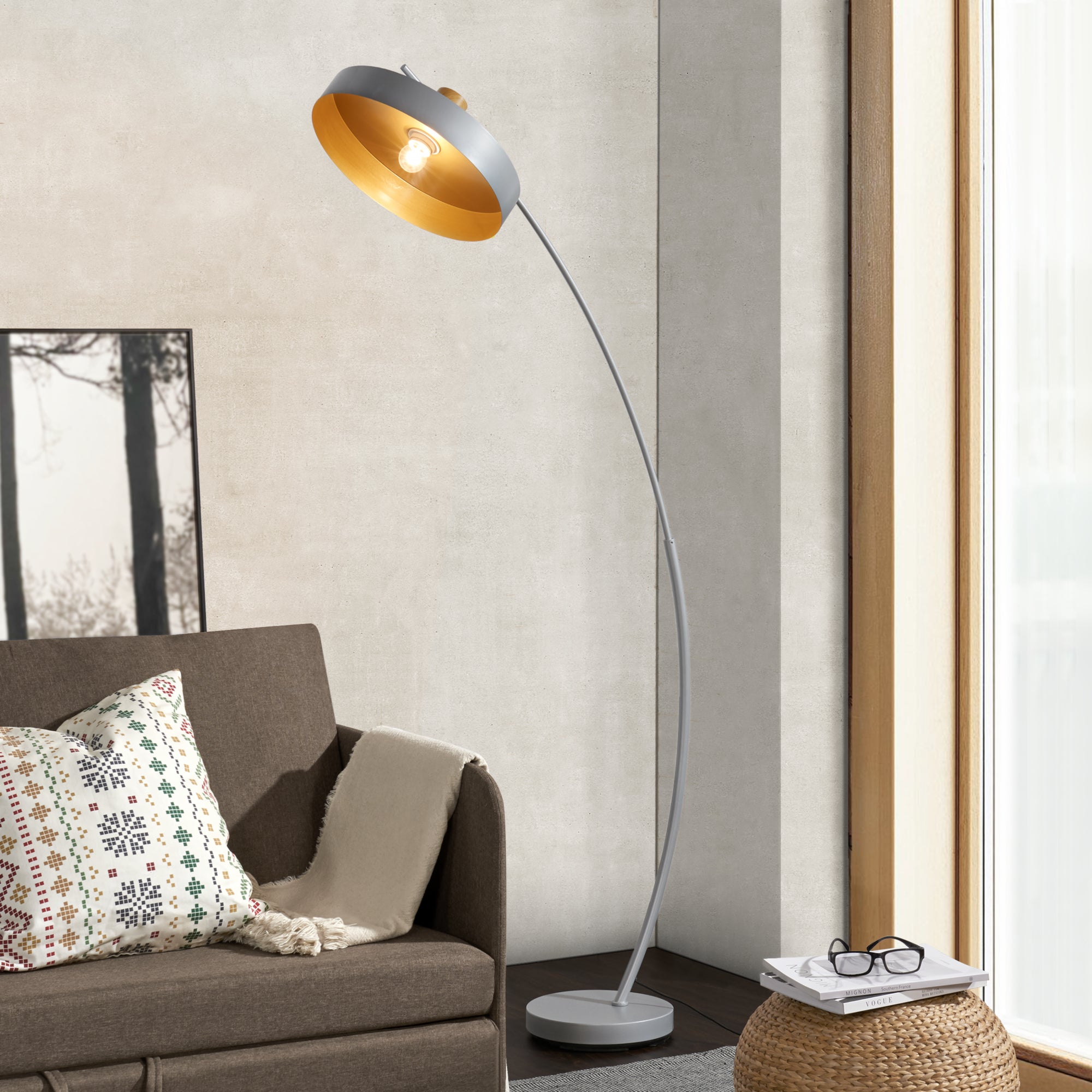 Lampada da Terra a Stelo Curvo Piantana ad Arco - Alta 159 cm - Paralume a  Cilindro Basso Lampada in Metallo - Grigio - lux.pro