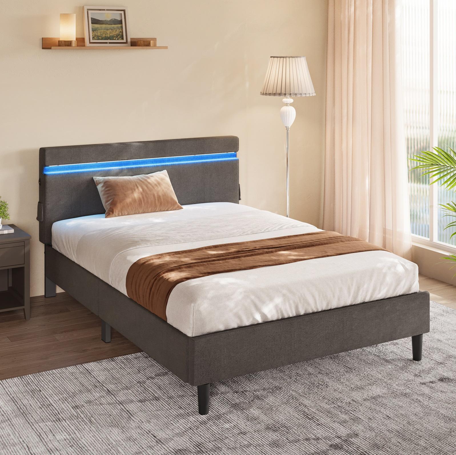 Lit 140x190CM avec Sommier - avec LED et USB Type-C - Lit Coffre avec