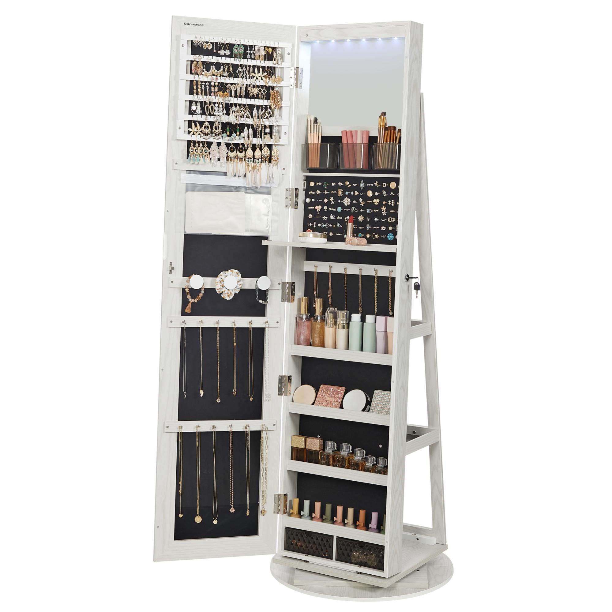 Armoire à Bijoux avec Miroir sur Pieds, avec 6 LED, Rangement Bijoux