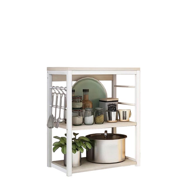Estantería de Cocina Alta con Marco de Metal Blanco, Estante para microondas  50x30x130 Cm Color Natural y Blanco