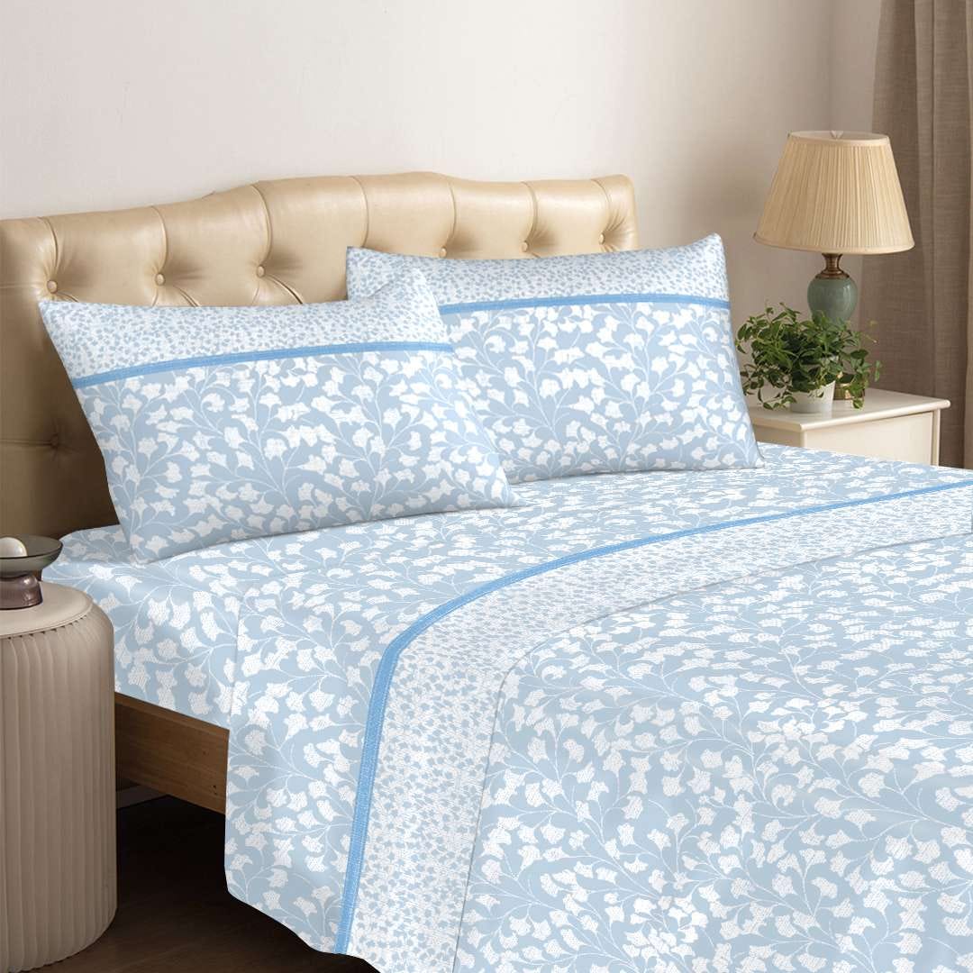 Juego de sábanas franela 100% algodón, 2 fundas de almohada 50x80, sábana  encimera 240x280 cm y sábana bajera 180x200+23 cm, hojas azules