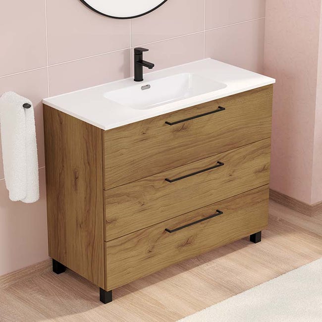 Conjunto de Baño NEBARI con patas incluye mueble, lavabo y espejo se envía  MONTADO Estepa 100x40Cm con cajón