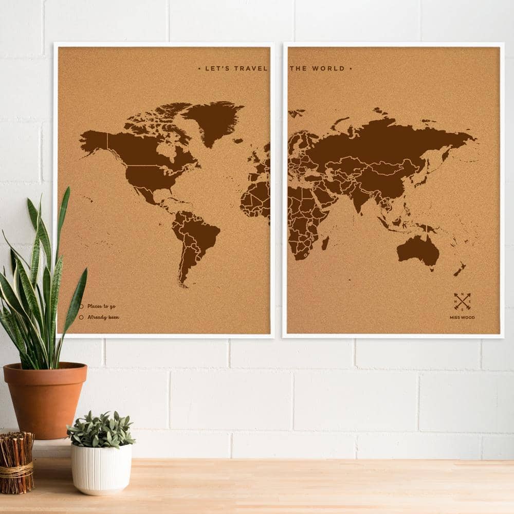 Carte du monde en liège - Woody Map Natural World / 120 x 90 cm / Marron /  Cadre blanc