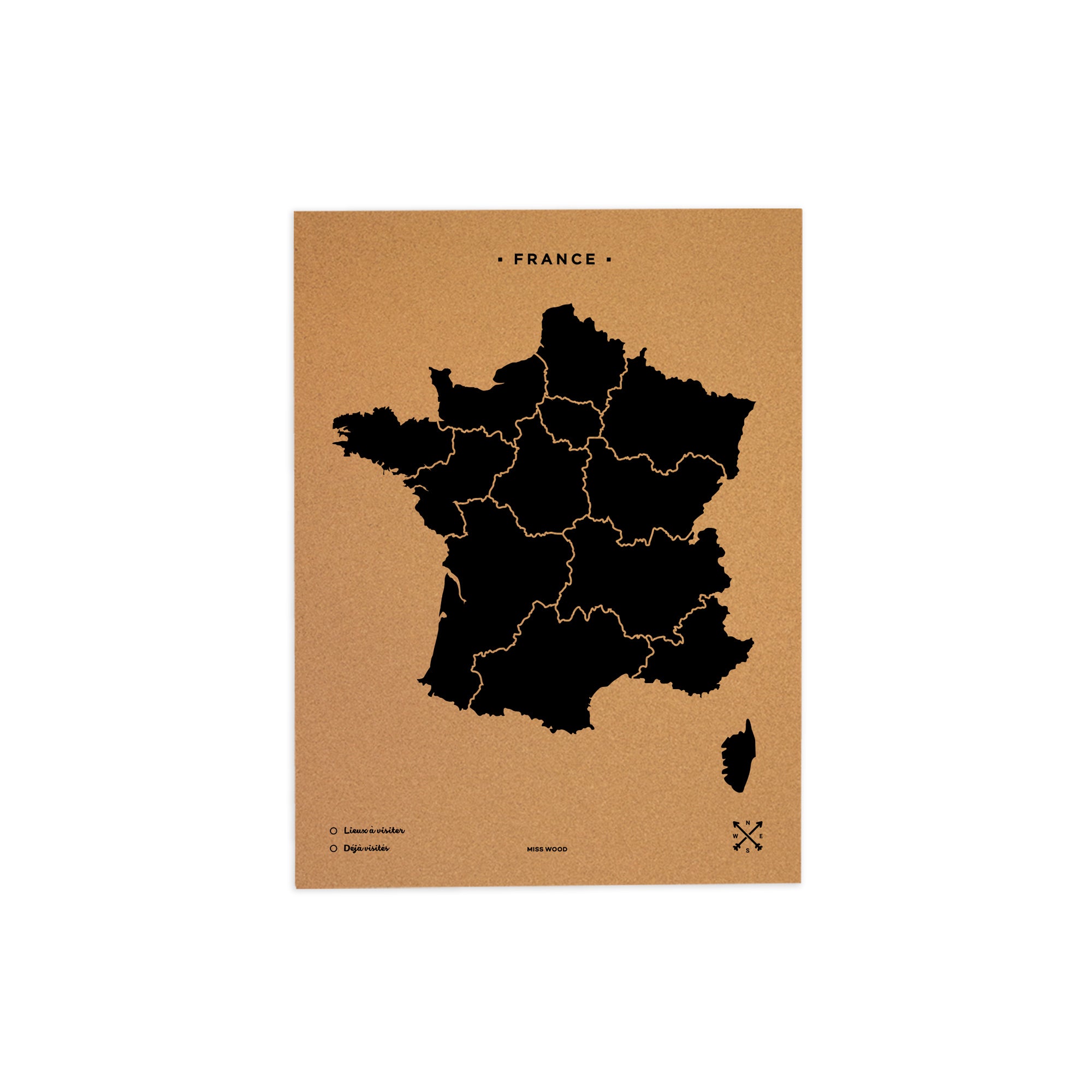Mapa de corcho - woody map natural francia / 60 x 45 cm / negro / sin marco