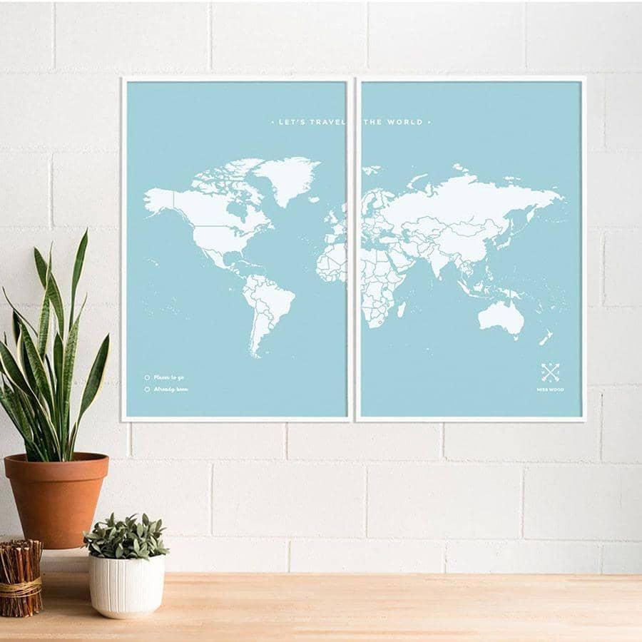Carte du monde en liège - Woody Map Colors Bleu - 90 x 60 cm / Cadre Noir