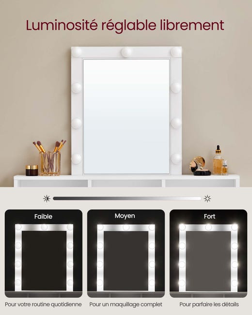 Coiffeuse, Miroir avec LED à Luminosité Réglable, 2 Tiroirs et 3
