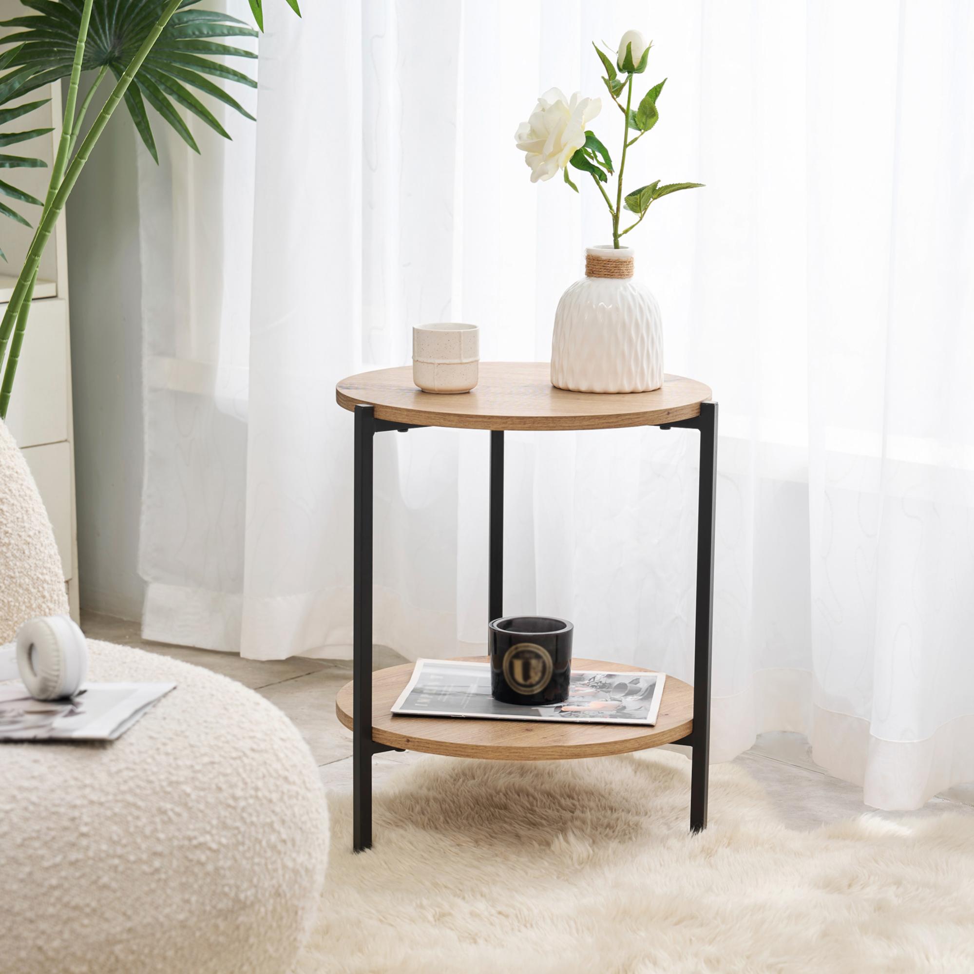 Mesa auxiliar kuopio con estante metal/mdf 50 x ø40 cm - efecto madera y negro [en.casa]