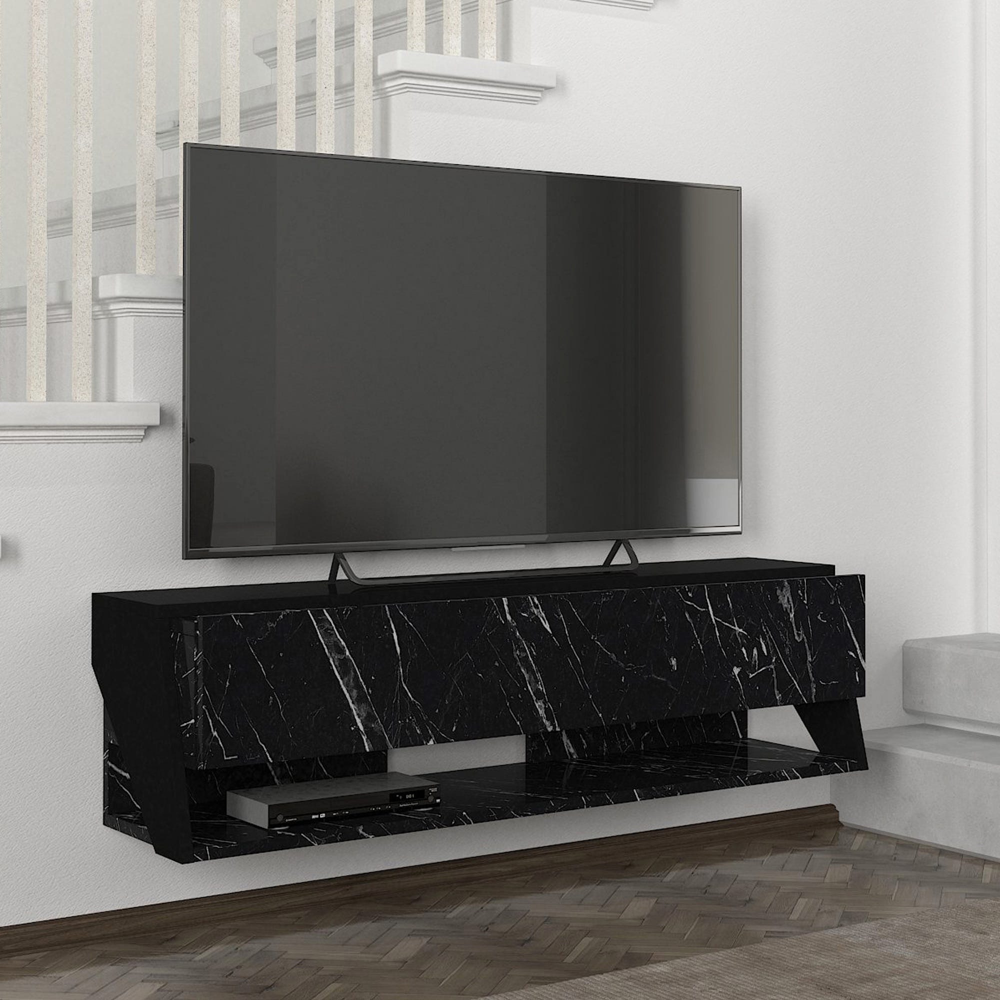 Mueble de TV suspendido en metal negro y cristal Made in Italy