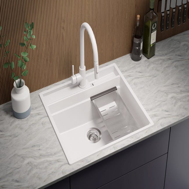 Fregadero de cocina de granito blanco 58x53 cm, Fregadero 1 Seno + kit de  desagüe, lavabo bajo lavabo de 60 cm, fregadero de Primagran