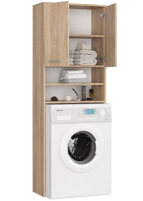 Meuble pour machine a laver avec deux armoires, deux étagères et un lieu de  lave-linge,d: h:180cm, l:64cm, p:30cm, chêne